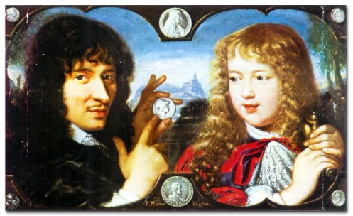 Anonimo, Jean Warin, incisore generale delle monete francesi dal 1642 al 1672, mostra una moneta antica a Luigi XIV bambino. Musee des Monnaies et des Medailles, Paris